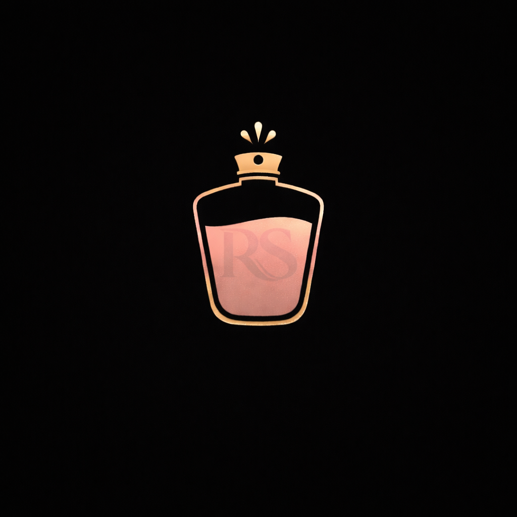 Illustration of a pink perfume bottle with a gold cap on a black background