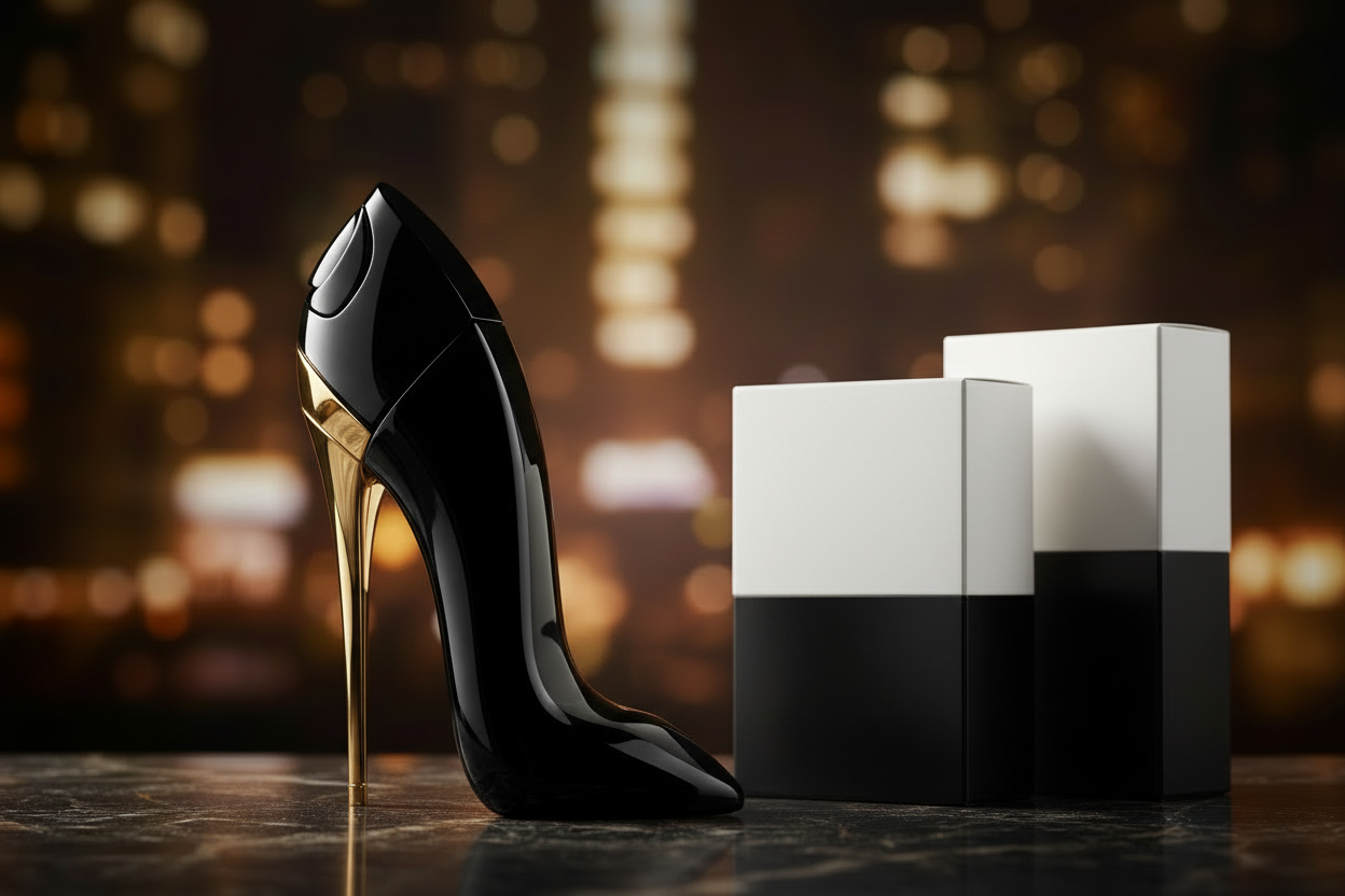 add an upscale White cologne box next to the shoe