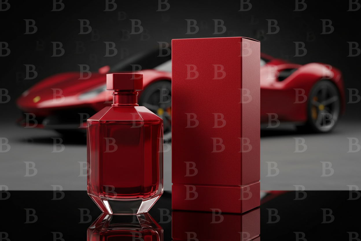 An upscale big red bottle of cologne stands next to a high-end cologne box. Add an exotic car in the background. Overlay the letter “B” repeatedly throughout the entire background with 95% transparency. Do not display any text on the box or bottle
