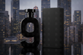 An upscale black bottle of cologne  in the shape of the number "9" stands next to a high-end black cologne box. Add a metropolitan city landscape in the background. Overlay the letter “B” repeatedly throughout the entire background with 95% transparency. Do not display any text on the box or bottle
