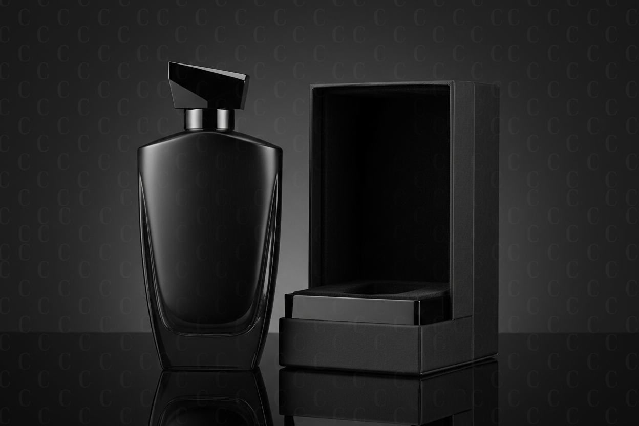 An upscale black bottle of cologne representing the term “absolute powerl” stands next to a high-end black cologne box. Overlay the letter “C” repeatedly throughout the entire background with 95% transparency. Do not display any text on the box or bottle
