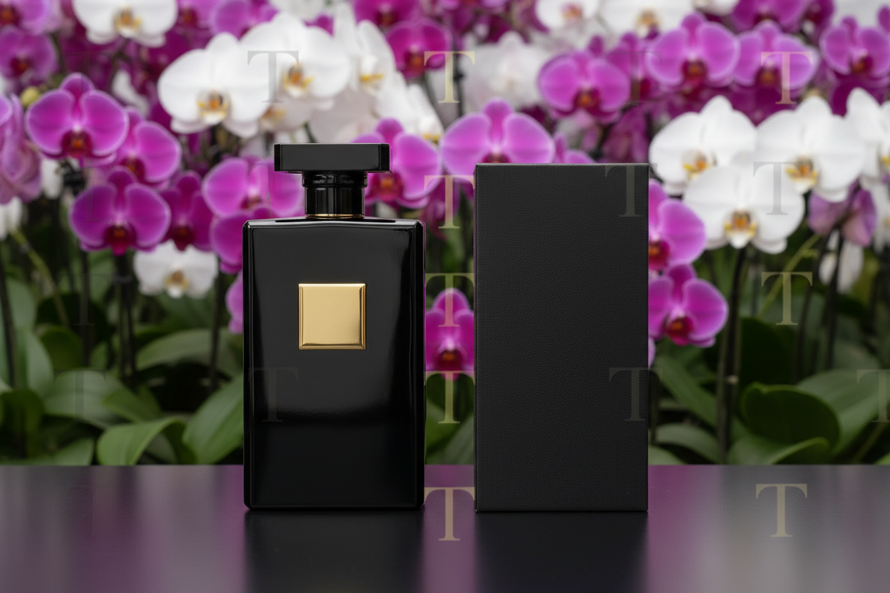 An upscale black bottle of cologne with a gold square in the middle stands next to a high-end black cologne box. Add an orchid field in the background. Overlay the letter “T” repeatedly throughout the entire background with 95% transparency. Do not display any text on the box or bottl