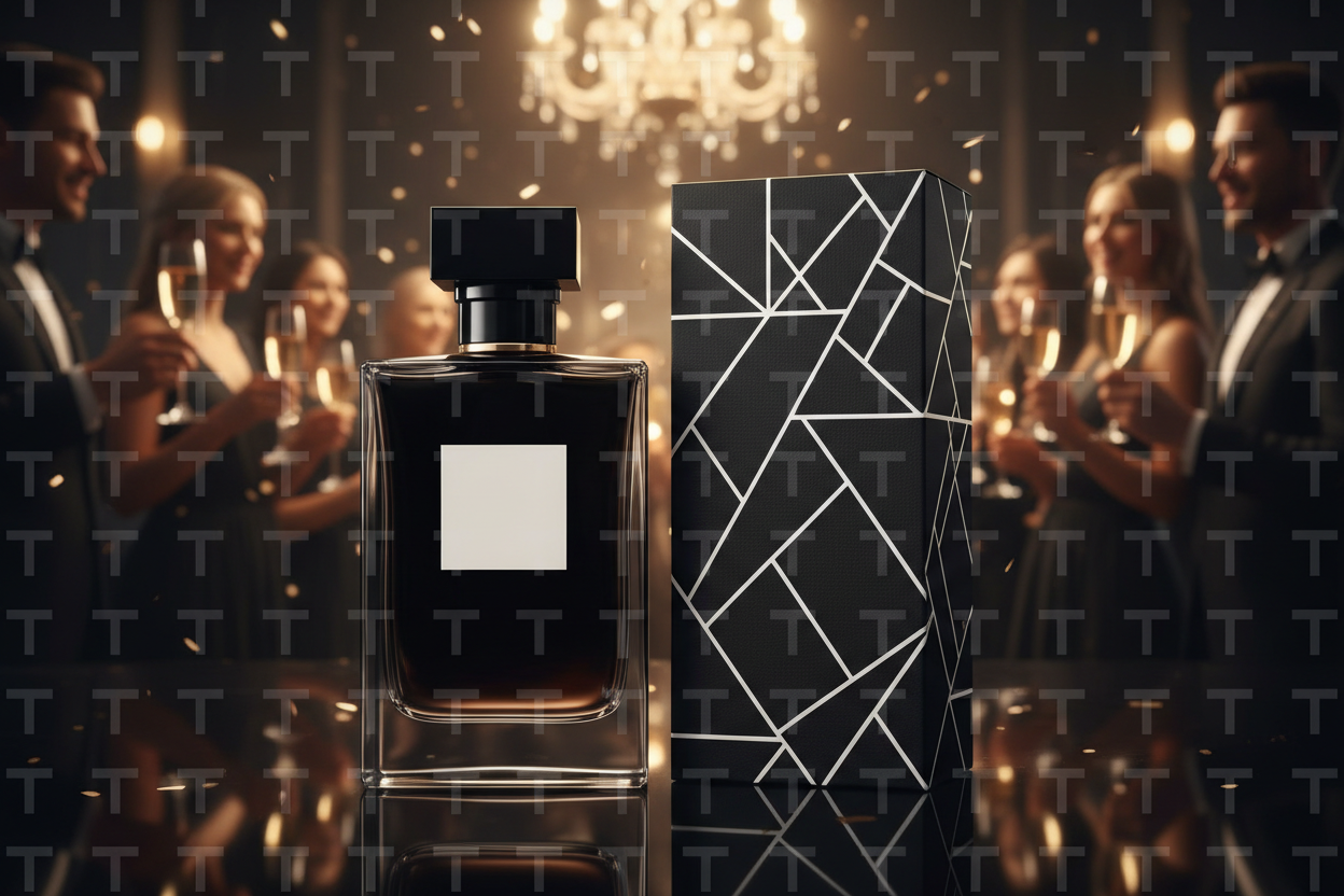 An upscale black bottle of cologne with a white square on the front stands next to a high-end black & white cologne box. Add a fabulous party scene in the background. Overlay the letter “T” repeatedly throughout the entire background with 95% transparency. Do not display any text on the box or bottle