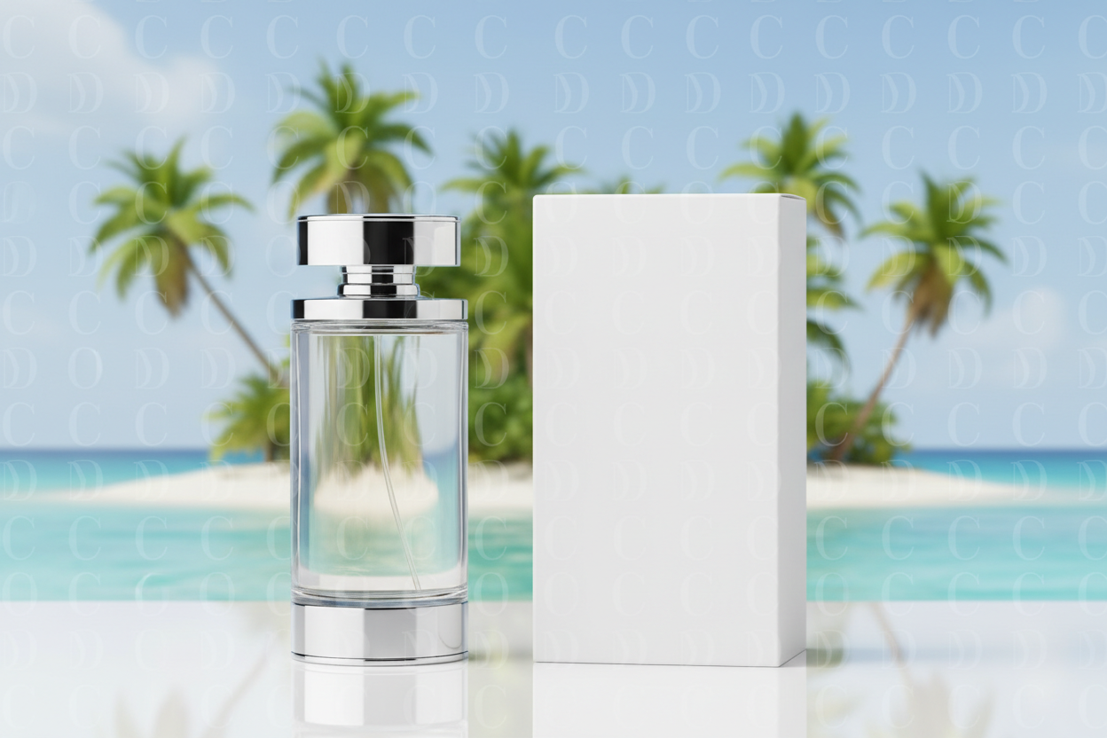 An upscale clear and silver bottle of cologne stands next to a high-end white cologne box. Add an island in the background. Overlay the letter “C” repeatedly throughout the entire background with 95% transparency. Do not display any text on the box or bottle