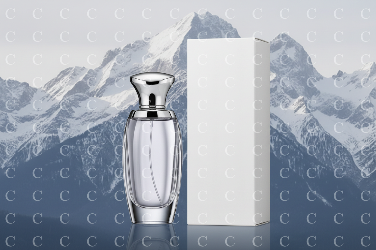 An upscale silver bottle of cologne representing the term “purity” stands next to a high-end white cologne box. Add a mountain in the background. Overlay the letter “C” repeatedly throughout the entire background with 95% transparency. Do not display any text on the box or bottle