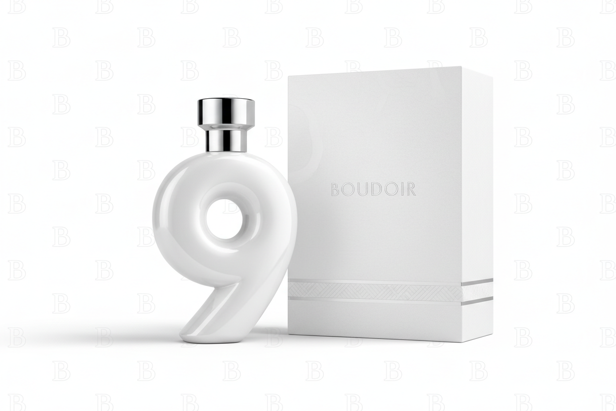 an upscale white bottle of cologne in the shape of the number 9. Stand it next to a high end cologne box. Repeat the letter B in 95% transparent font all over in the background very subtly.