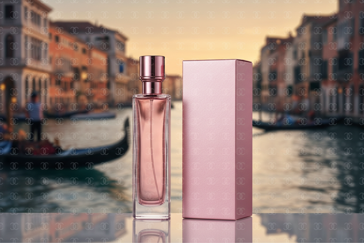 high end pink bottle of cologne standing next to an upscale cologne box. add a gondola  in the background. overlay the letter "CC" repeatedly throughout the entire background with 95% transparency. Do not display any text on the box or bottle
